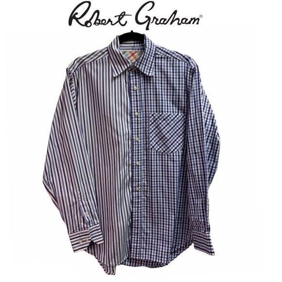 ROBERT Gtraham blue striped checkered dress shirt Sz M - Picture 4 of 4
